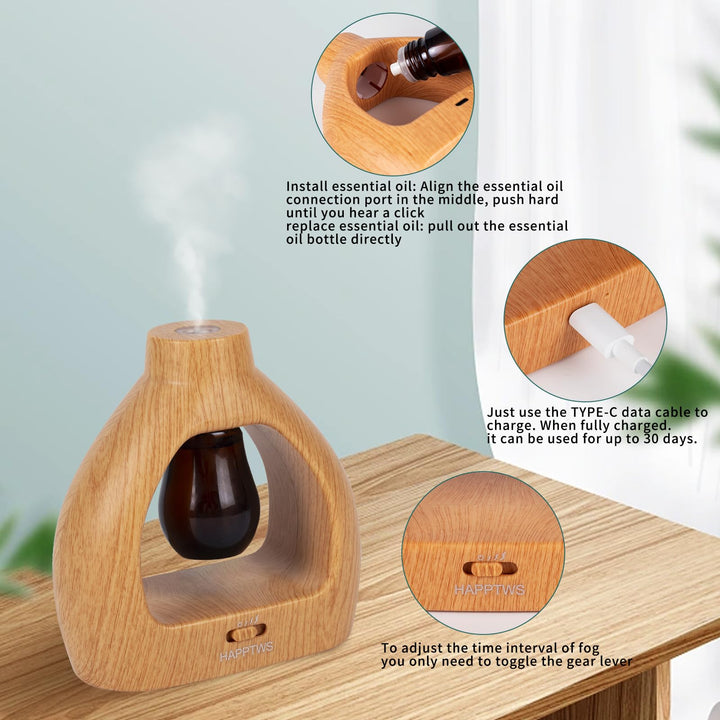 Waterless Essentil Oil Diffuser Set - Cordless Diffuser 3 Timer Settings Battery Operated for Bedroom Yoga Studio Bathroom Pet Room
