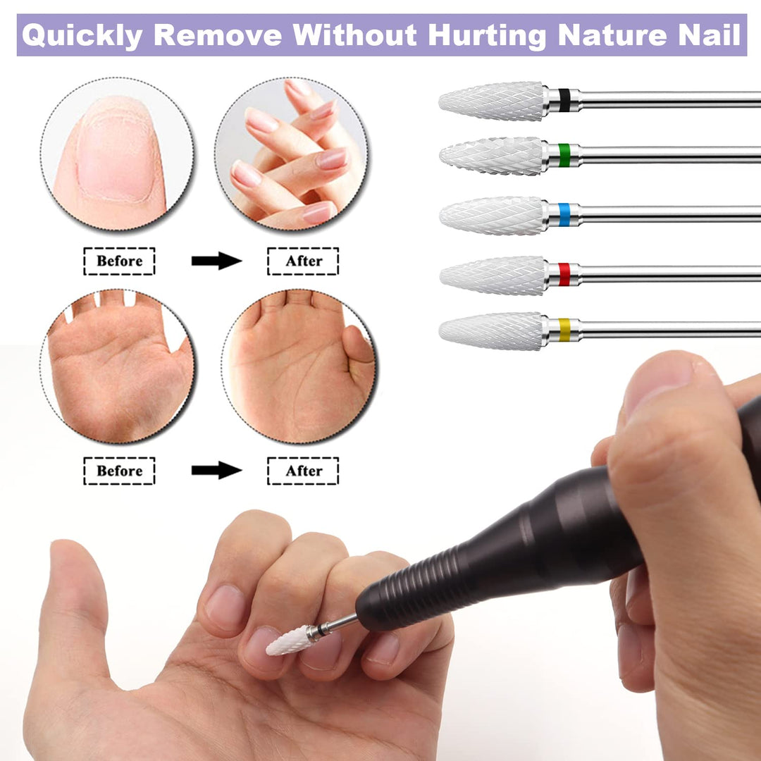 Fantexy Ceramic Nail Drill Bits Set,3/32&#39;&#39; Shank Professional Corn Shape Ceramic Bits,Acrylic Nail File Bits for Manicure Pedicure Cuticle Gel Nail Polishing,Use for Both Left and Right Handed(5 Pcs)