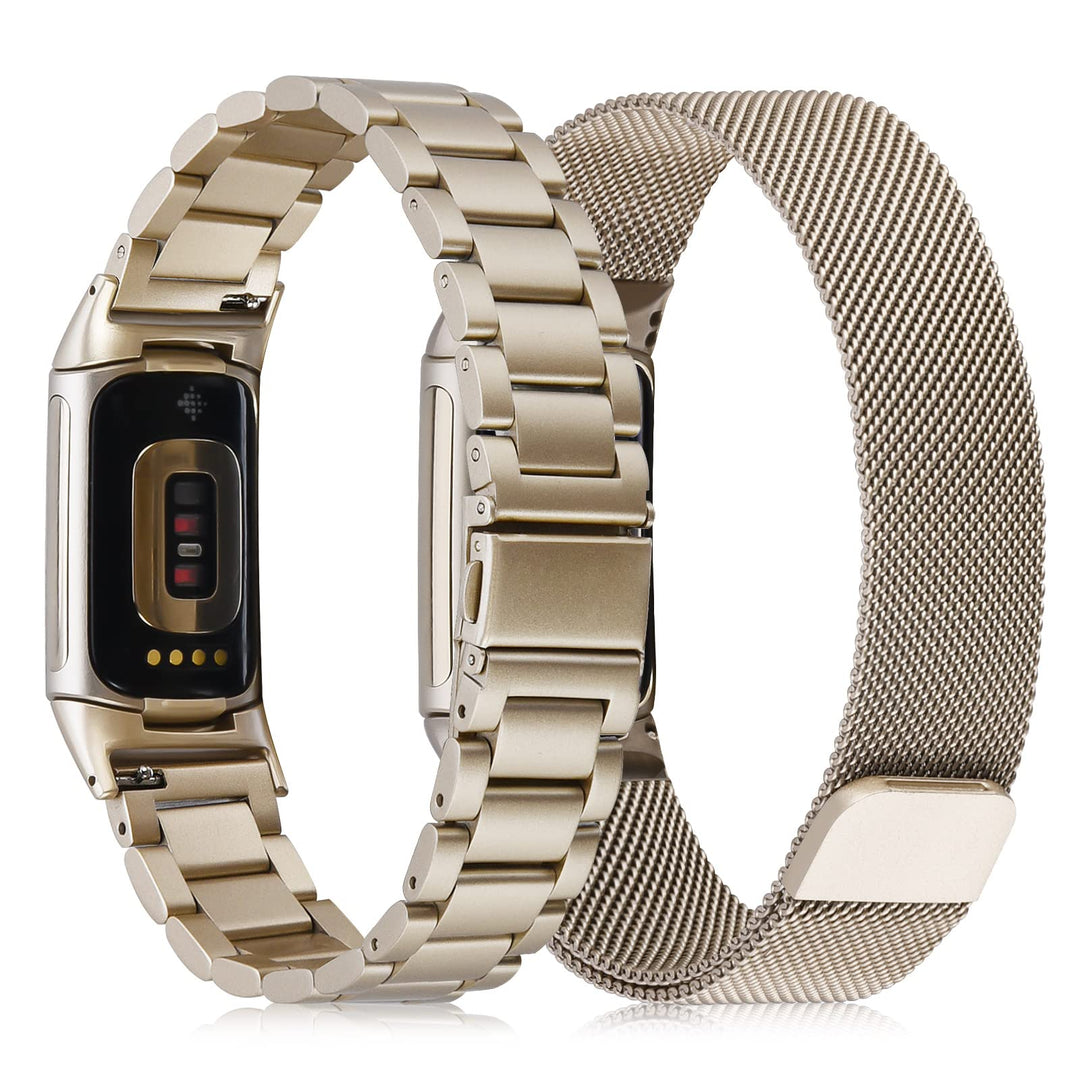 Compatible with Fitbit Charge 5 Bands Sets, 2 Pack Stainless Steel Metal Band + Mesh Woven Wristband Replacement Strap for Fitbit Charge 5 Advanced Fitness &amp; Health Tracker (Silver)
