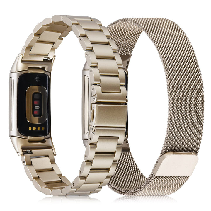 Compatible with Fitbit Charge 5 Bands Sets, 2 Pack Stainless Steel Metal Band + Mesh Woven Wristband Replacement Strap for Fitbit Charge 5 Advanced Fitness &amp; Health Tracker (Silver)