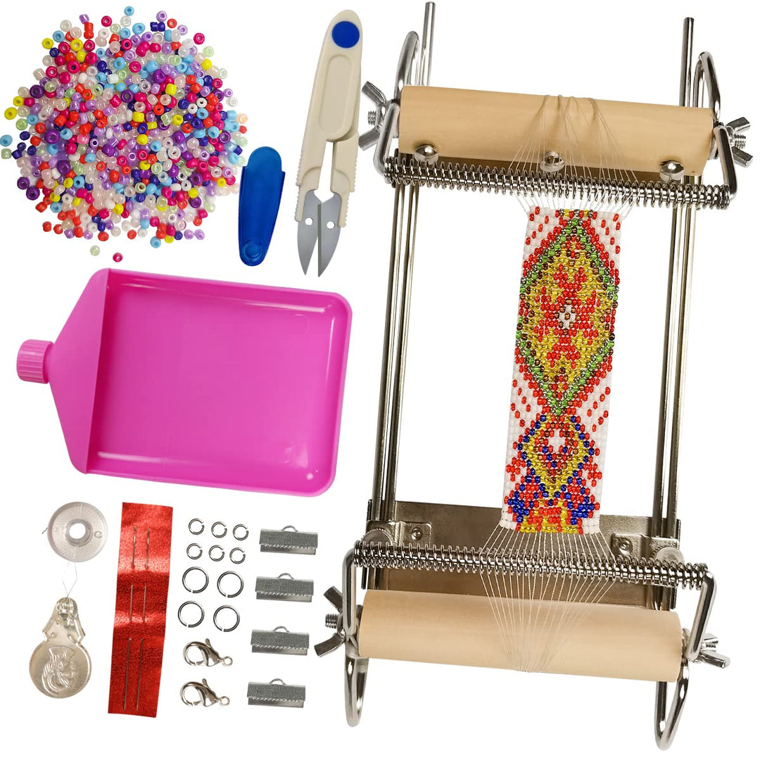 The Second Generation Adjustable Bead Loom Kit with Seed Beads,Large Eye Curved Beading Needle, Funnel Tray,Lobster Clasp,Open Ring and Bead Mat for Jewelry Making kit