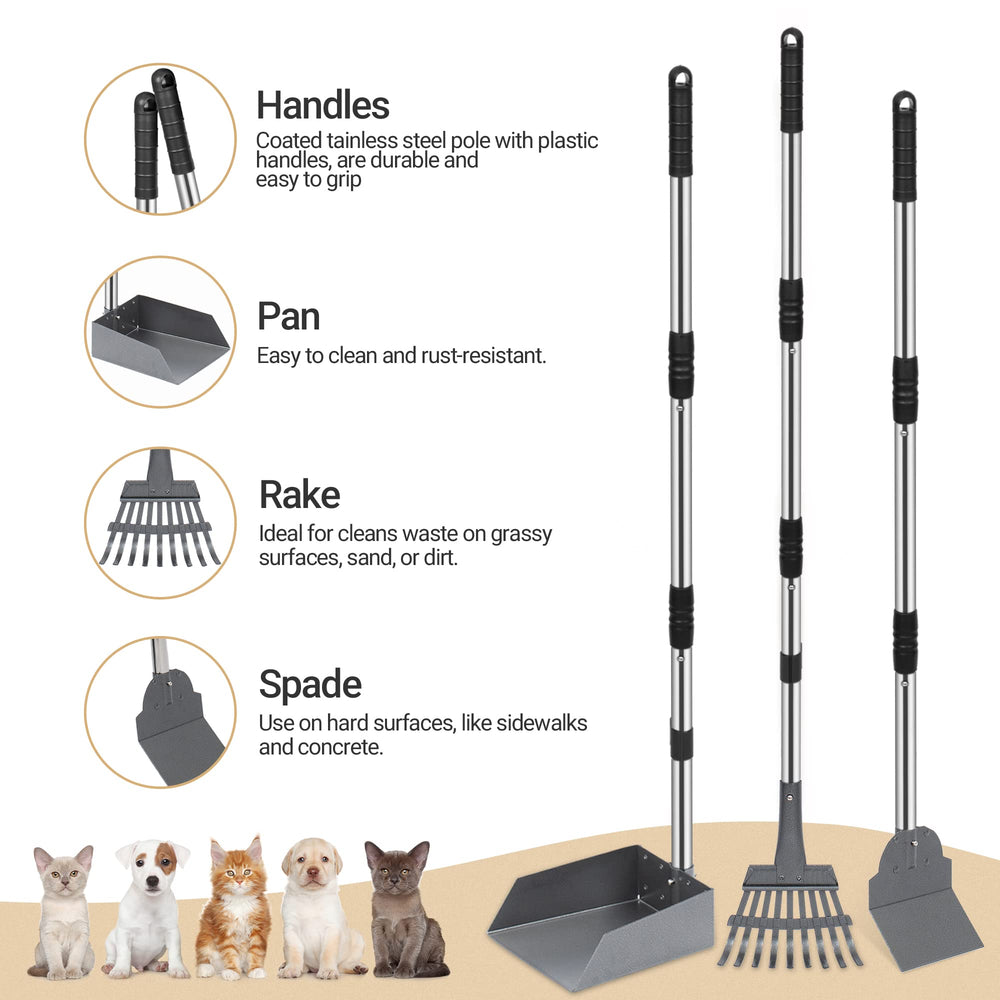 Dog Pooper Scooper, Dog Poop Tray and Rake Set, Pet Waste Removal Scoop with Long Adjustable Sectional Stainless Handles
