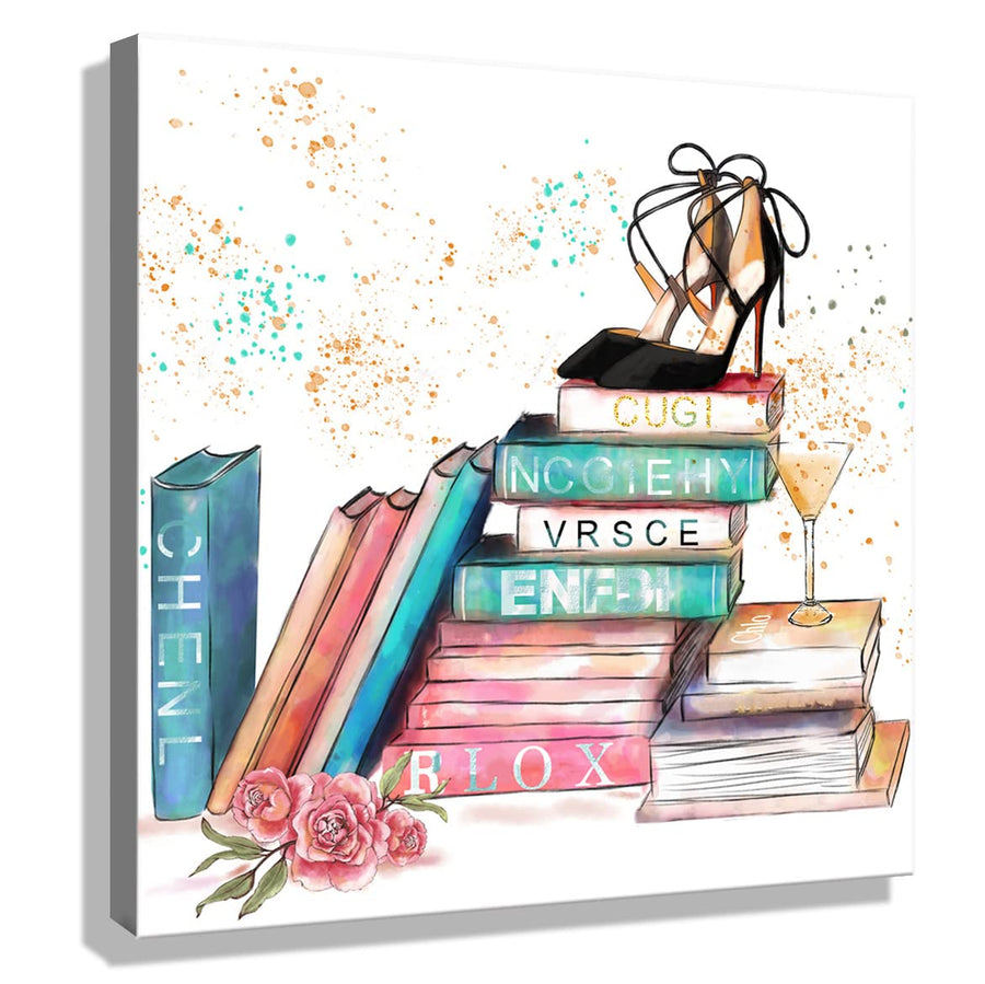 Wall Art for Bedroom Book High Heels Print Pictures Framed Canvas Art Work Wall Decor for Bathroom Girls Room Modern Room Decorations Black High Heels on Books Size 14x14 inches Easy to Hang