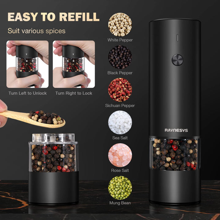 Electric Salt and Pepper Grinder Set Rechargeable, Stainless Steel Salt and Pepper Grinder Mill Set with Adjustable Coarseness, Automatic One Hand Operation, Modern Style, Black, 2 Pack