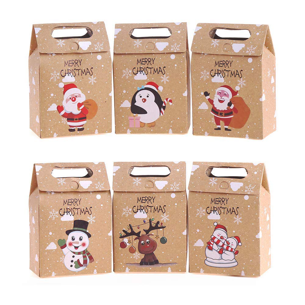 24Pcs Christmas Paper Gift Boxes with Handle, Christmas Element Assorted Bags for Christmas Party Supplies (6 Different Style)