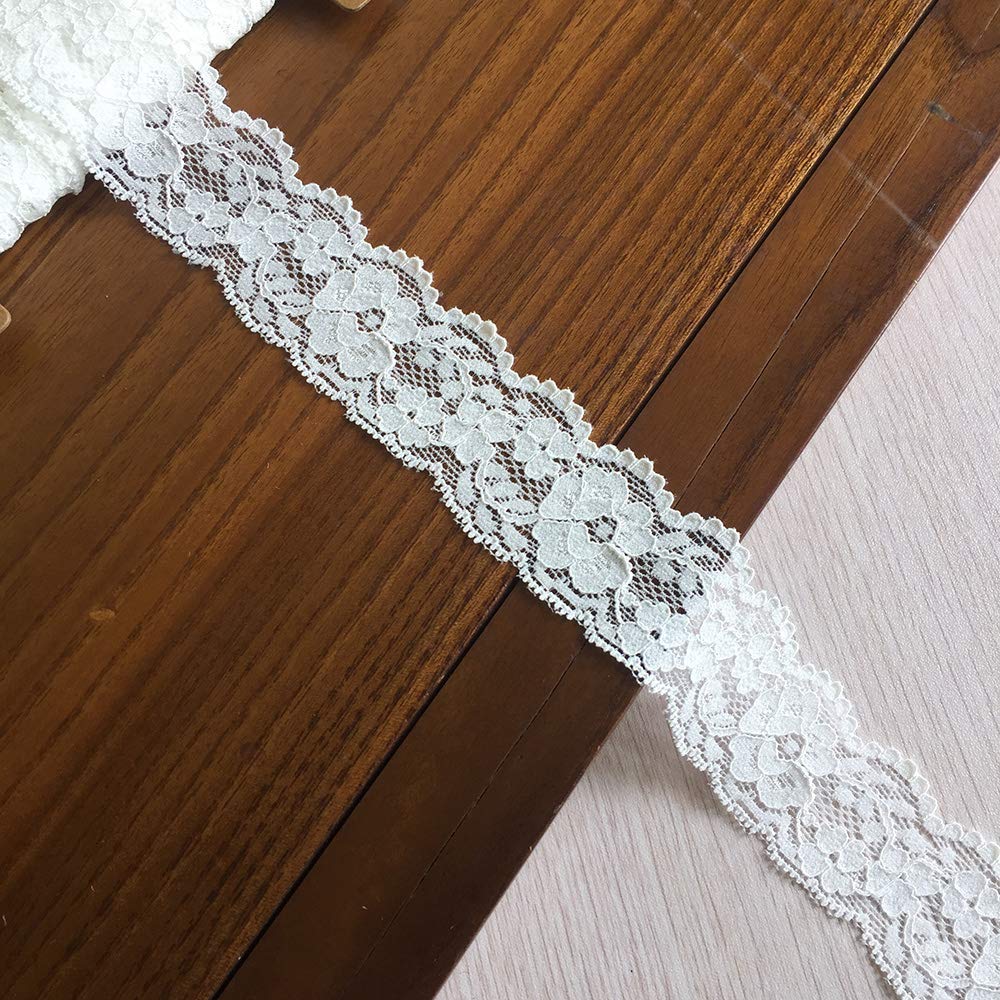 Lace Realm 1.5 inch Wide White Stretch Floral Pattern Lace Ribbon Trim for Sewing, Gift Package Wrapping, Floral Designing & Crafts-10 Yards (3601 White)