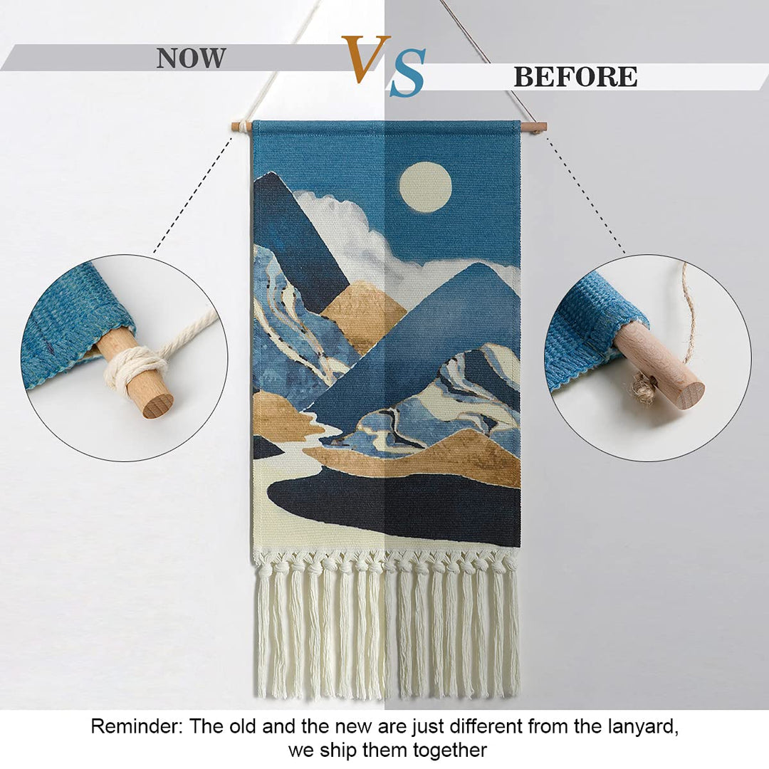 Macrame Woven Wall Hanging Tapestry Boho Wall Art Moon Mountain Chic Home Decor Bohemian Aztec Apartment Dorm Room Backdrop Decoration (Blue)