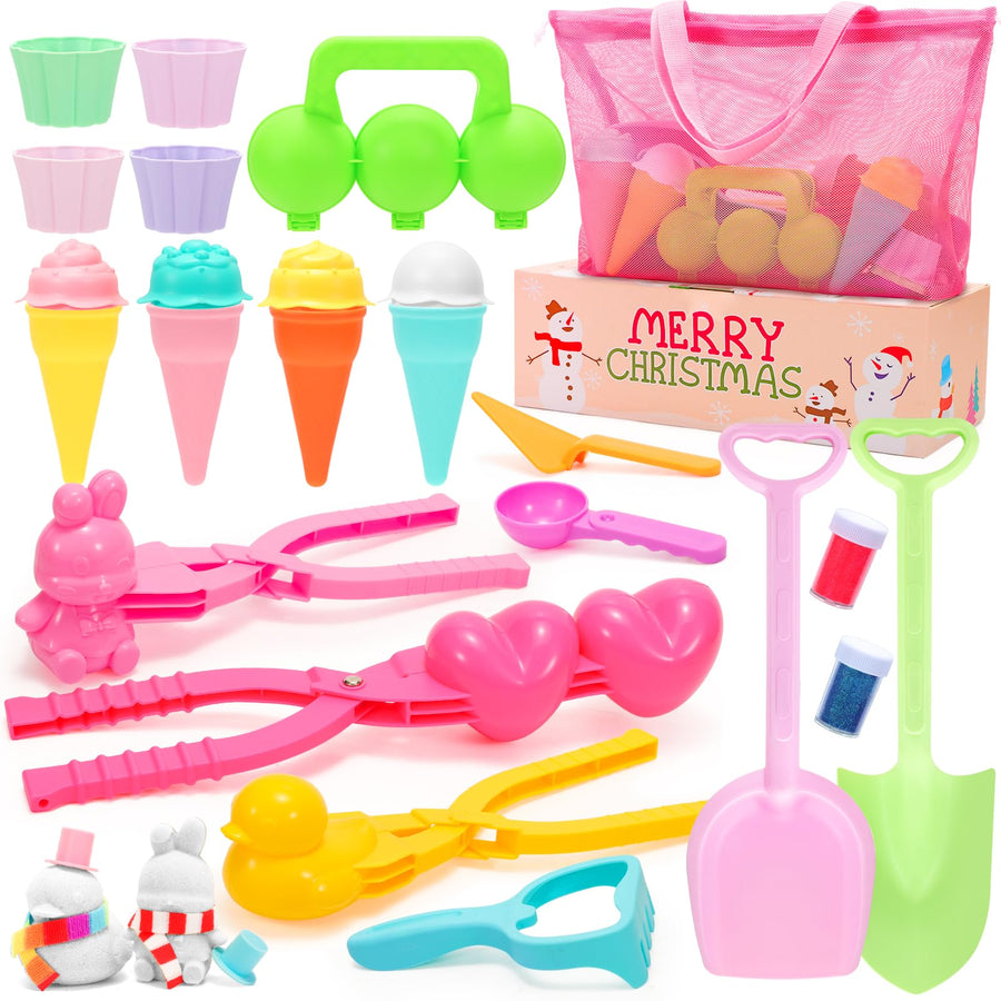Snow Toys for Kids Outdoor, 28Pcs Duck Snowball Maker Tool with Mesh Bag Ice Cream Toy Cake Snow Shovel, Beach Sand Winter Toys Stocking Stuffers Travel Essentials Gifts