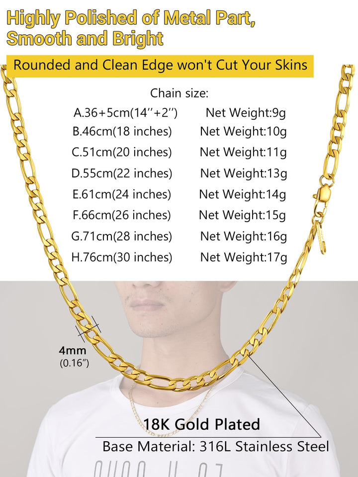 Figaro Gold Chain Link Necklace Neck Chains for Men 26 Inch Trendy Stainless Steel Necklaces