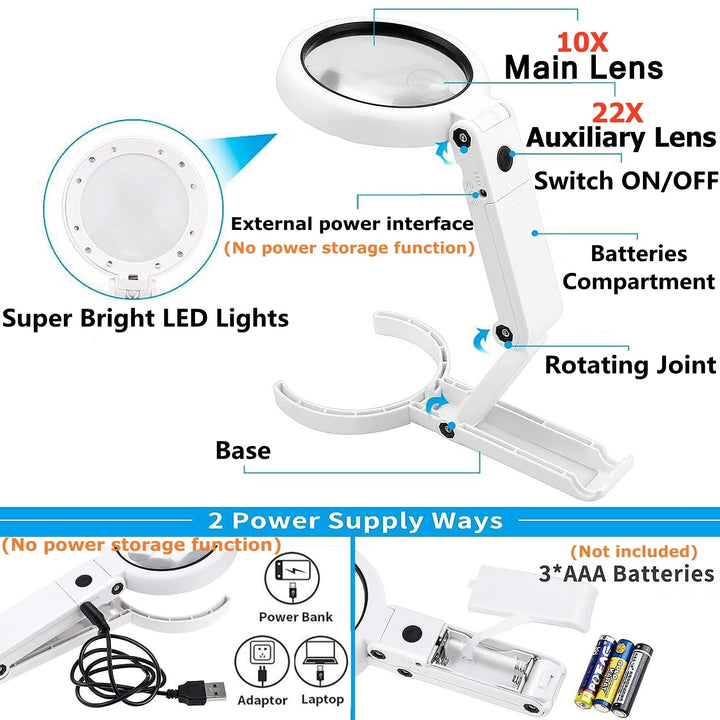 30X 10X Magnifying Glass with Light and Stand, Foldable Handheld Magnifying Glass & 2 Level Dimmable for Close Work, Macular Degeneration, Seniors Reading, Powered by Battery or USB
