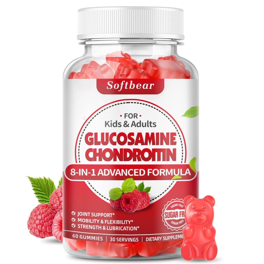 Glucosamine Chondroitin Gummies Sugar Free, Extra Strength Glucosamine Chondroitin Supplement for Natural Joint Support, Raspberry Flavored 60 Count