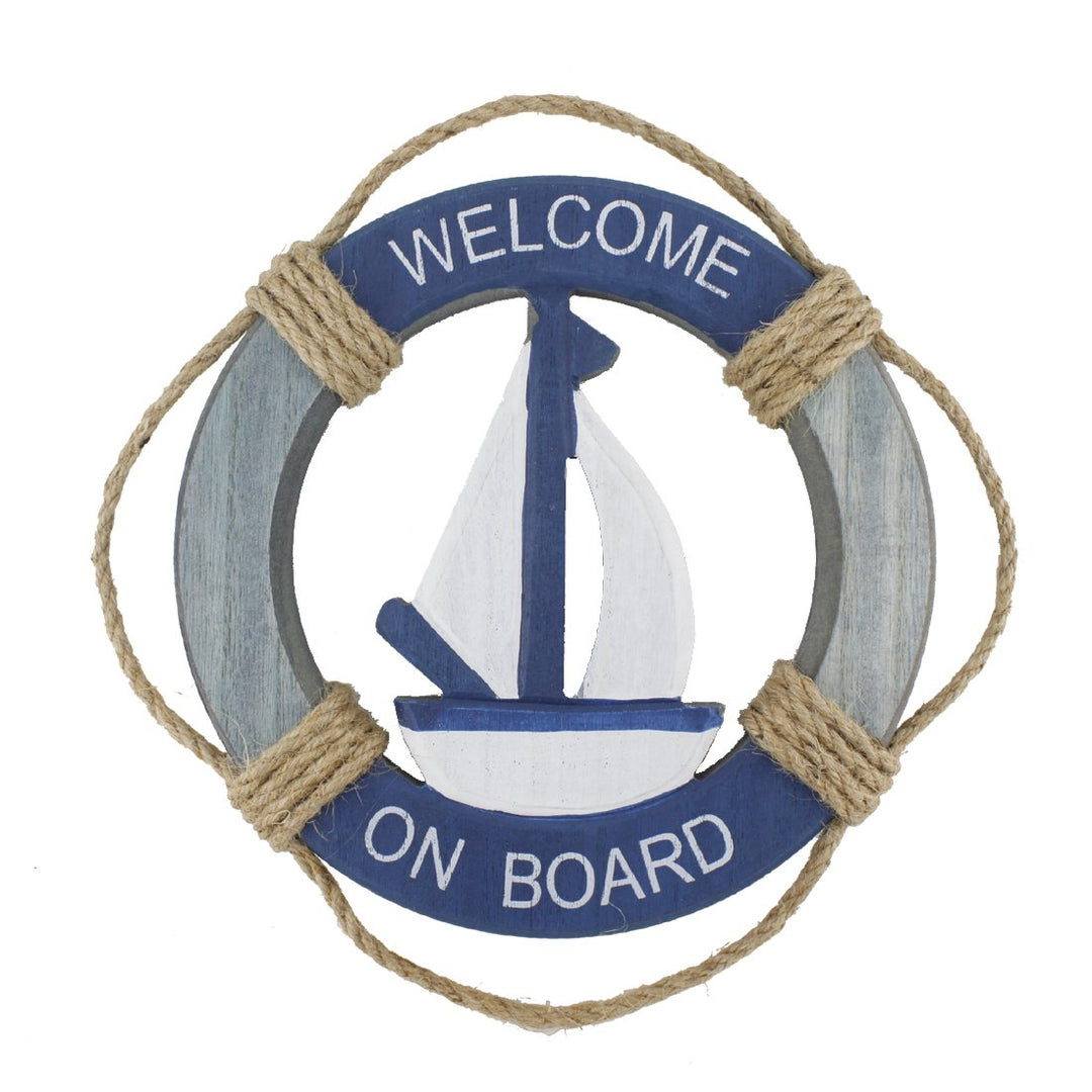 Wooden Nautical Life Ring Wall and Door Hanging Ornament Plaque,Welcome On Board,11.6x8 Welcome Sign (Antique Sailboat)