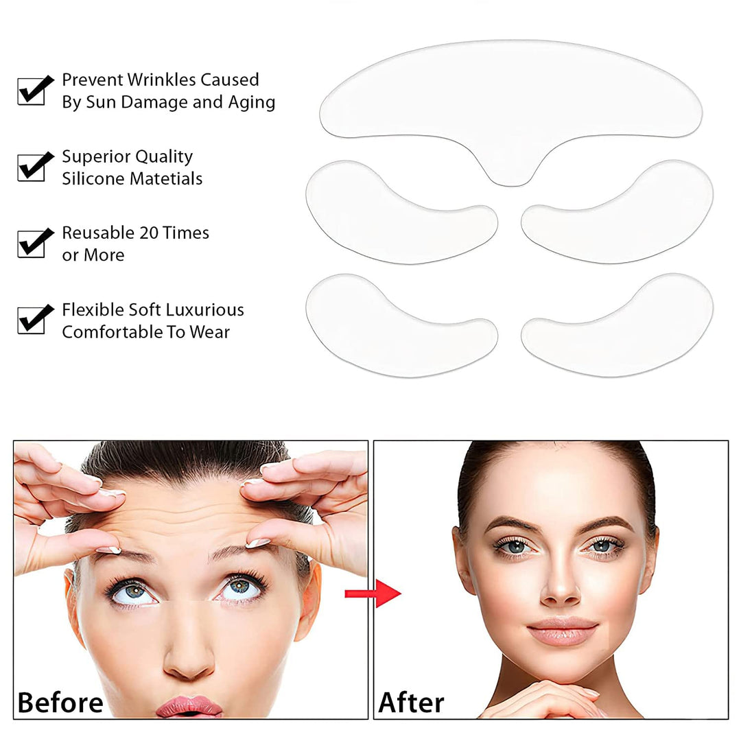 5 in 1 Forehead &amp; Eyes Silicone Anti Wrinkle Pads, Reusable 100% Medical Grade Silicone Decollete Pads for Wrinkles and Fine Lines