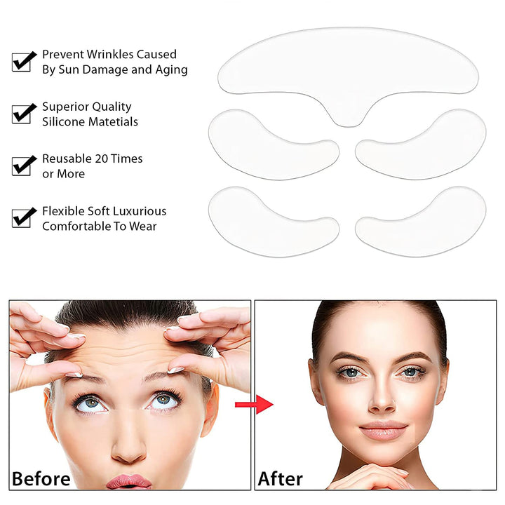 5 in 1 Forehead &amp; Eyes Silicone Anti Wrinkle Pads, Reusable 100% Medical Grade Silicone Decollete Pads for Wrinkles and Fine Lines