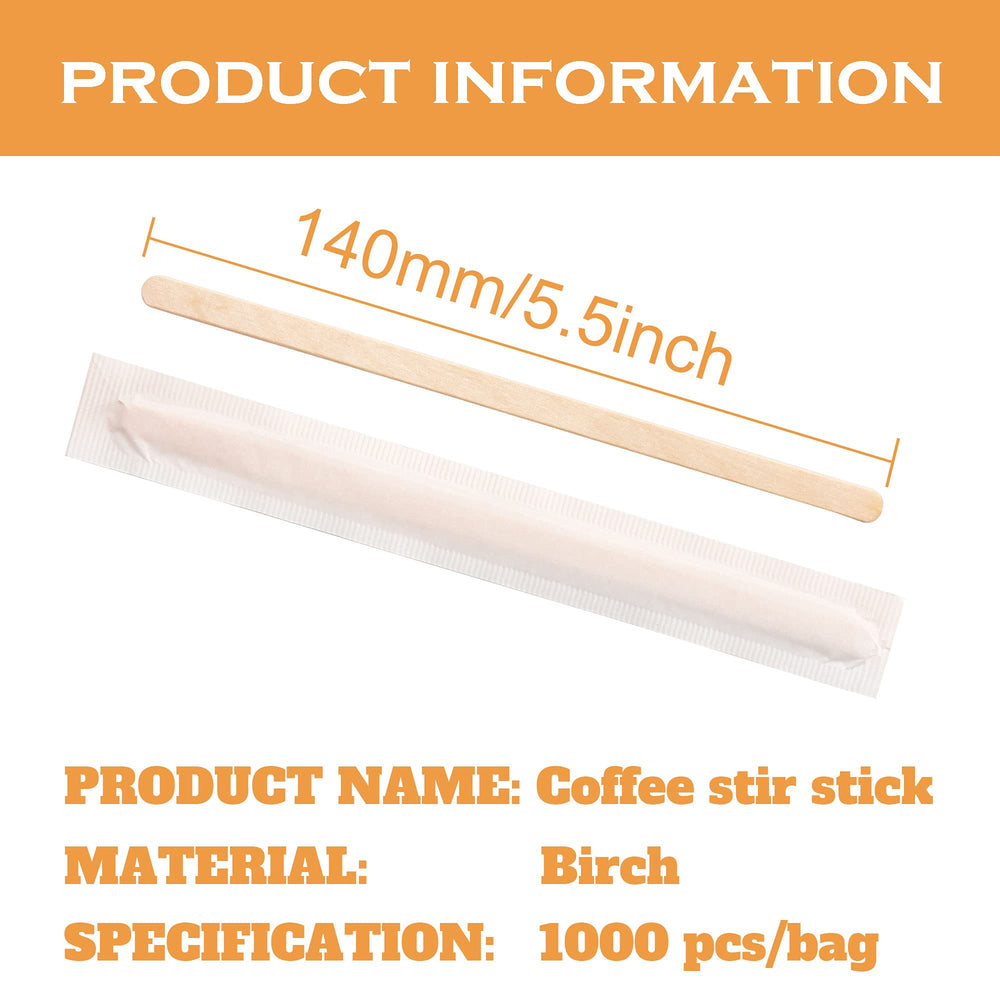 5.5 inches Wooden Coffee Stirrers Disposable Wood Coffee Stir 1000 Pcs Individually Paper Wrapped Wooden Coffee Stir Sticks Disposable Coffee Stirrers (5.5 Inches/140mm,1000Pcs)