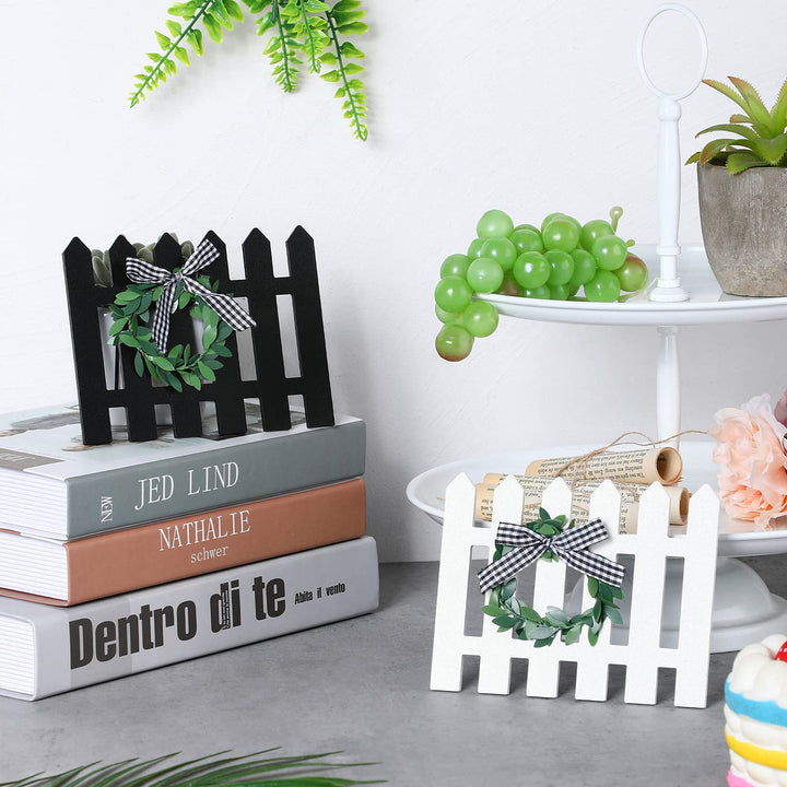 4 Piece Farmhouse Wooden Window Tiered Tray Decoration Frame Black and White Plaid Mini Wooden Sign Decor Summer Rustic Wooden Sign Decoration for Home Kitchen Tiered Tray Decor (Fence Style)