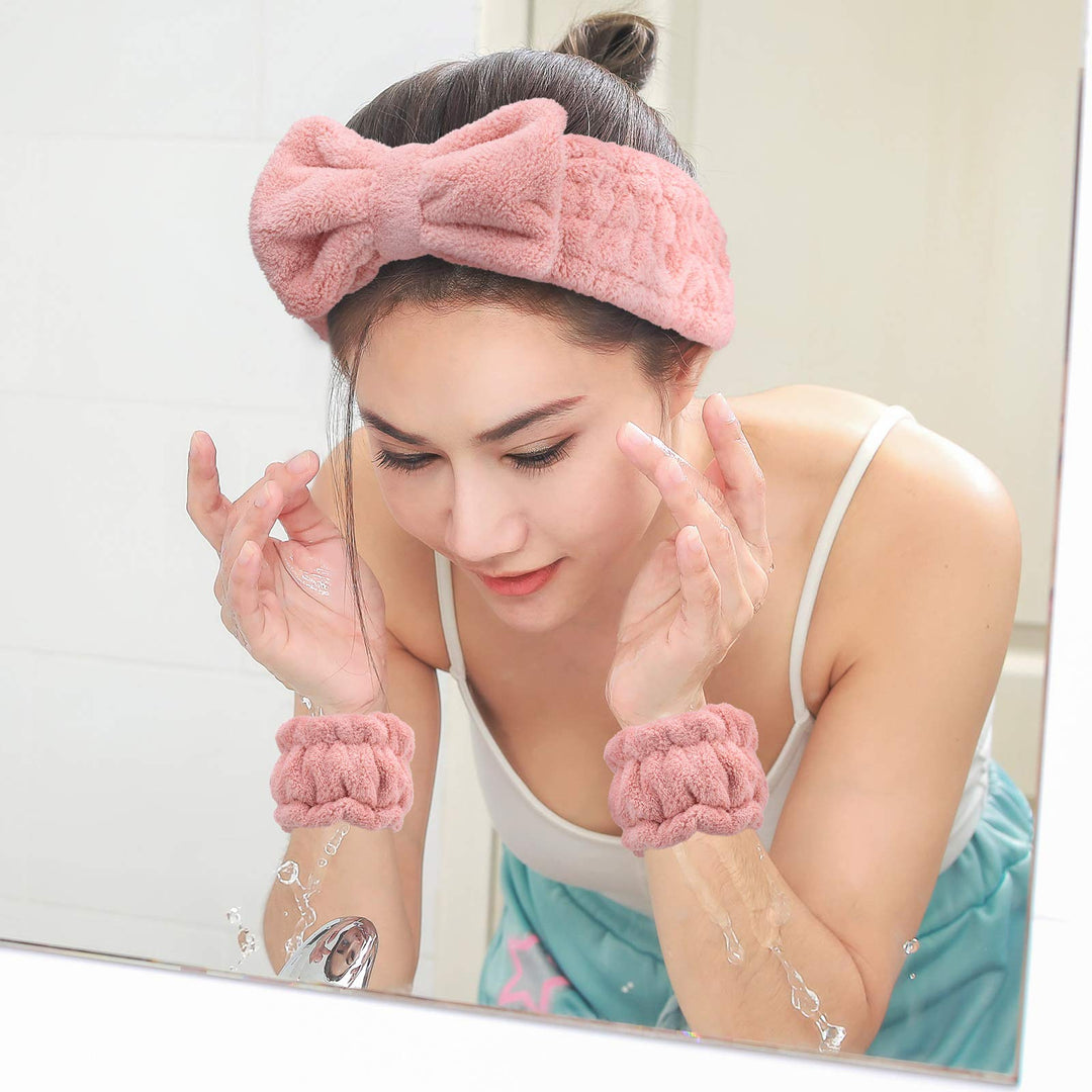 Chuangdi 4 Pcs Microfiber Headband Spa Wristbands and Wrist Bands for Washing Face Cuffs Towel Wristbands Hair Headband Face Wash Cuffs for Women Makeup(Pink)