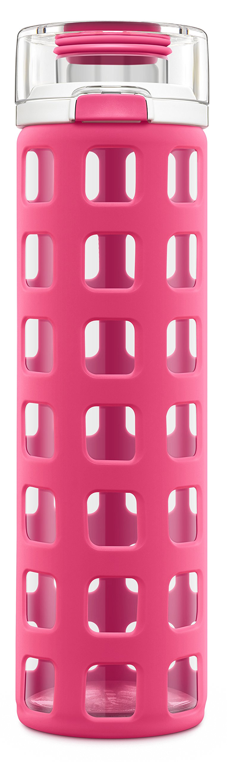 Syndicate 20oz Reusable Glass Water Bottle with One-Touch Leak Proof Flip Lid and Protective Non-Slip Silicone Sleeve and Carry Loop for Coffee, Tea and Water, BPA-free, Dishwasher Safe, Pink