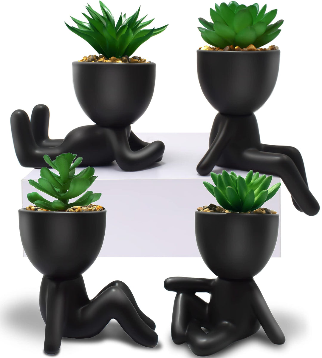 4 PCS Fake Succulent with Ceramic Artificial Succulent Planter Pot for Home Decor, Cute Human Shaped Mini Pots for Office Desk Bathroom Decorations (Matte Black)