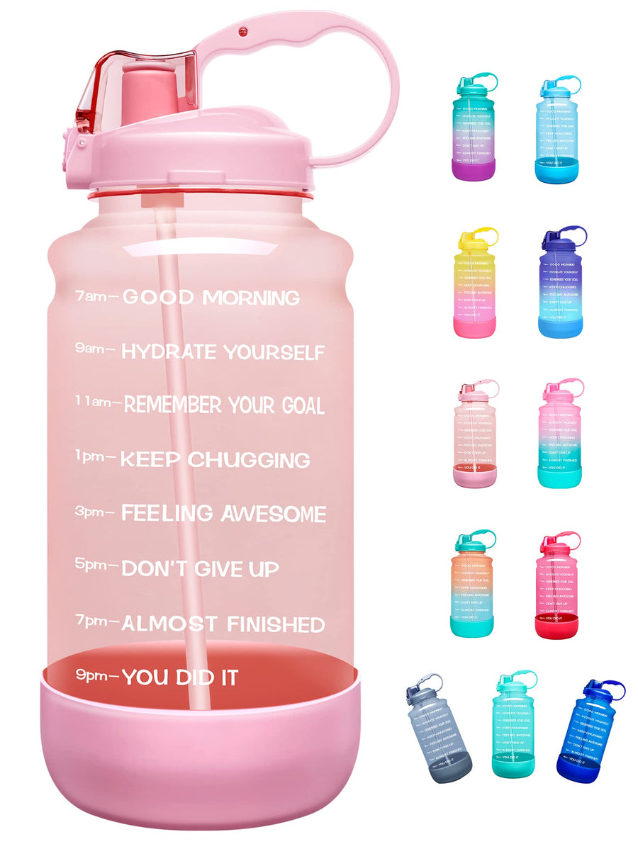Half Gallon/64oz Motivational Time Marker Water Bottle with Straw & Protective Silicone Boot, BPA Free Anti-Slip Leakproof for Fitness, Gym and Outdoor Sports