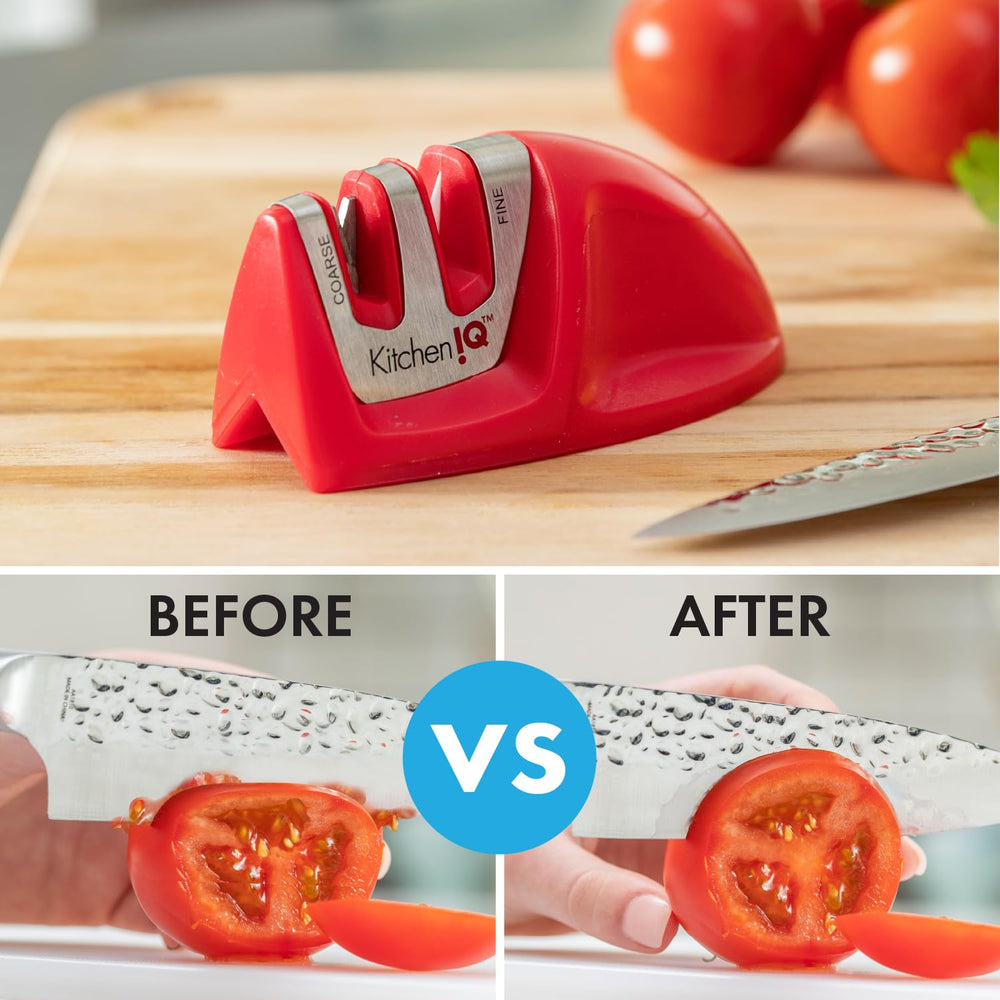 50883 Edge Grip 2-Stage Knife Sharpener, Red, Coarse & Fine Sharpeners, Compact for Easy Storage, Stable Non-Slip Base, Soft Grip Rubber Handle, Straight & Serrated Knives