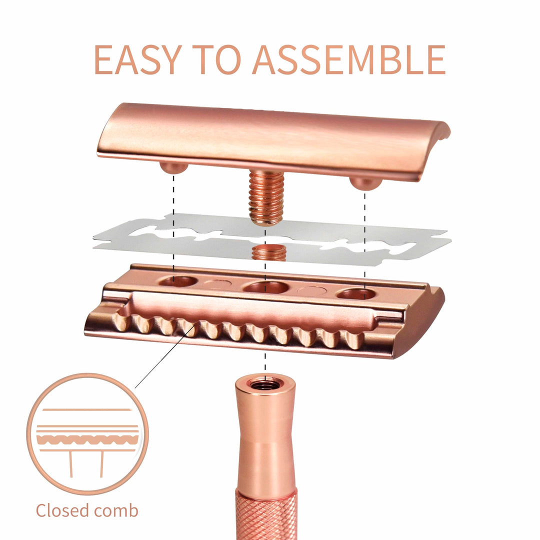 Double Edge Safety Razor with Stand, Women Razor with 5 Double Edge Safety Razor Blades, Plastic Free Metal Razor – Rose Gold