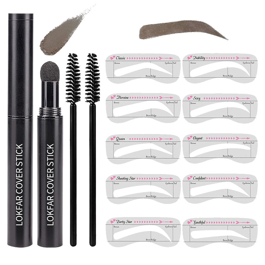 Eye-Brow Stamp Stencil Kit, Waterproof Brow Stamp Shaping Kit Eyebrow Definer, Eyebrow Filling Powder Stamp, Eye Brow Stamping Kit with 10 Eyebrow Stencils, 2 Eyebrow Brushes for Women (Dark Brown)