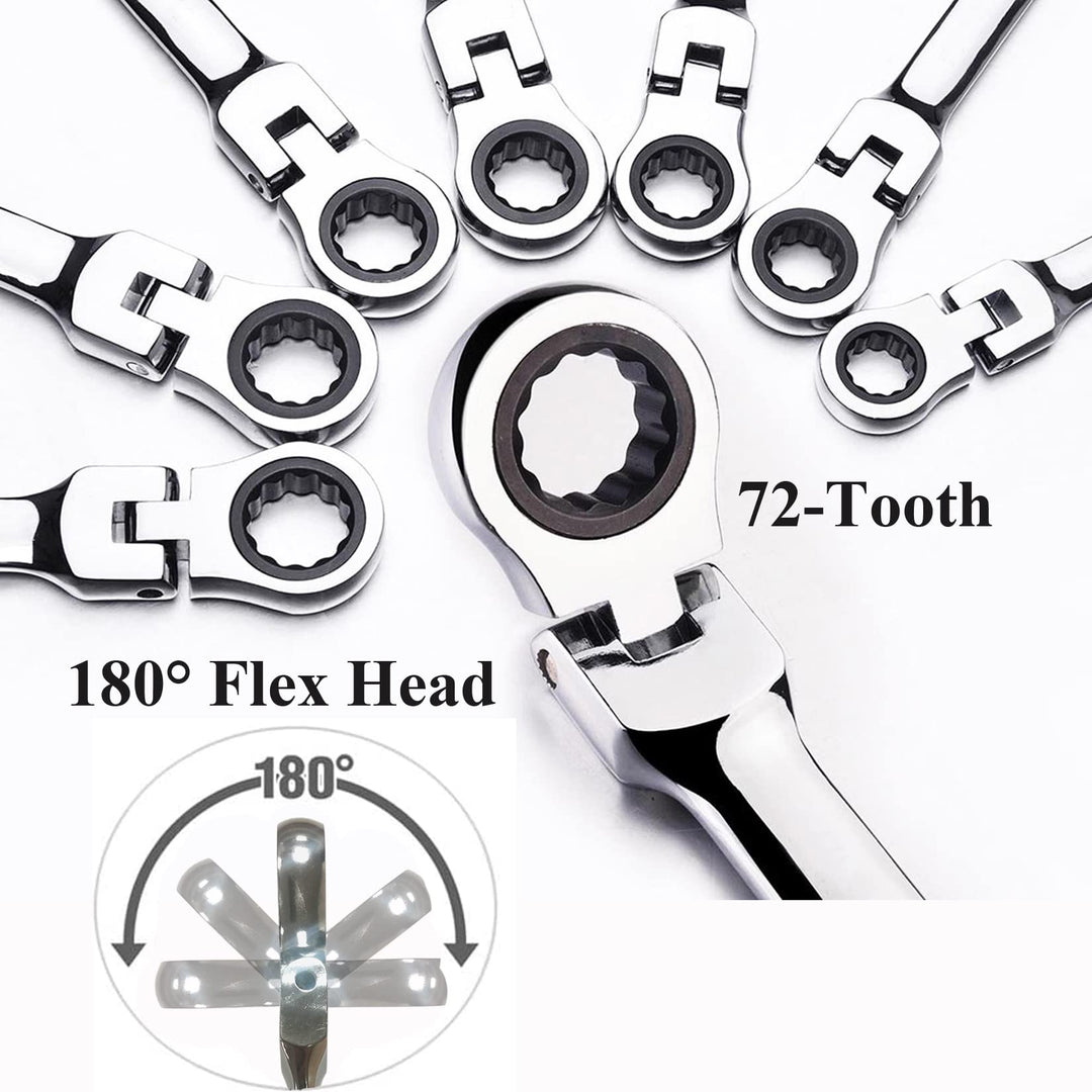 12pcs Flex Head Ratcheting Wrench Set- 8-19mm Metric Ratchet Combination Wrenches CrV Gear Spanner Set