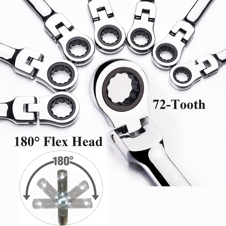 12pcs Flex Head Ratcheting Wrench Set- 8-19mm Metric Ratchet Combination Wrenches CrV Gear Spanner Set