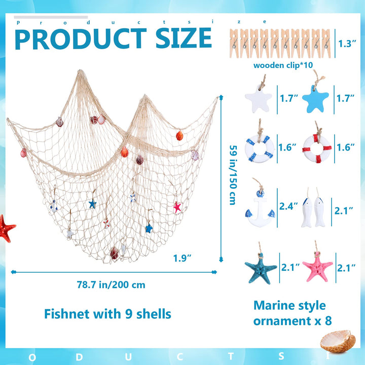 28 Pcs Fishnet Decorative Nature Fish Net Wall Decoration Set 79 x 59 Inch Nautical Fishing Net Hanging Decor, 9 Sea Shells, 4 Starfish, 2 Life Ring, Fish, Anchor, 10 Clips for Party (White)