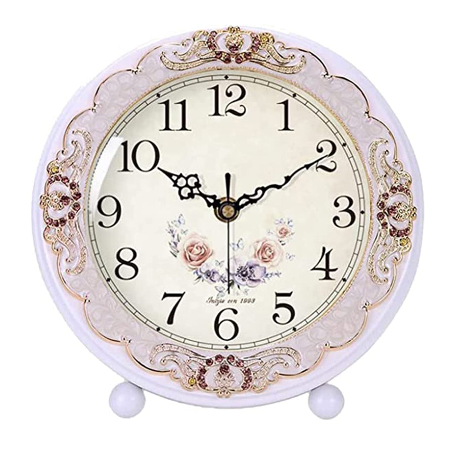 Justup Vintage Wooden Table Clock, Retro Non-Ticking European Style Beside Mantle Desk Clock Battery Operated Silent Quartz Movement for Bedroom Living Room Indoor Decor (White-Rose)