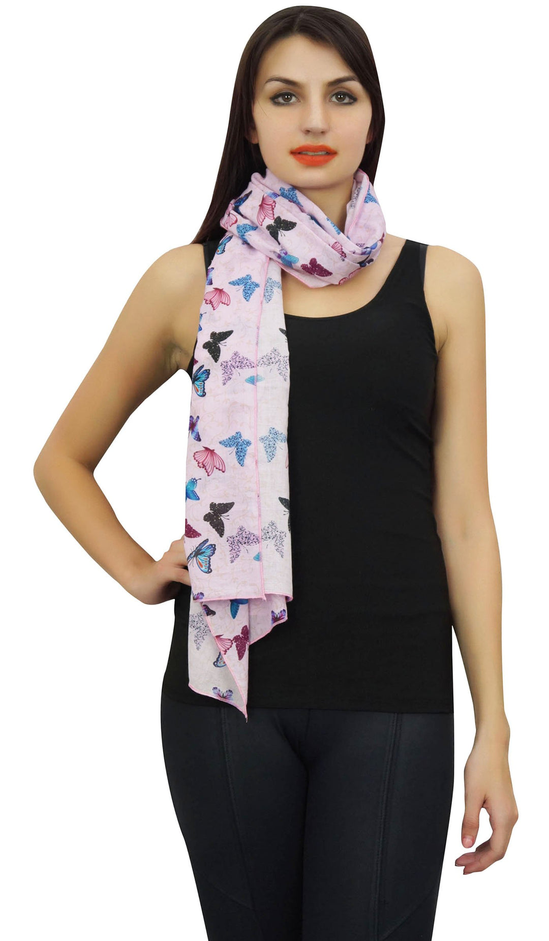 Baby Pink Butterfly Print Women Long Shawl Stole Cotton Voile Scarf