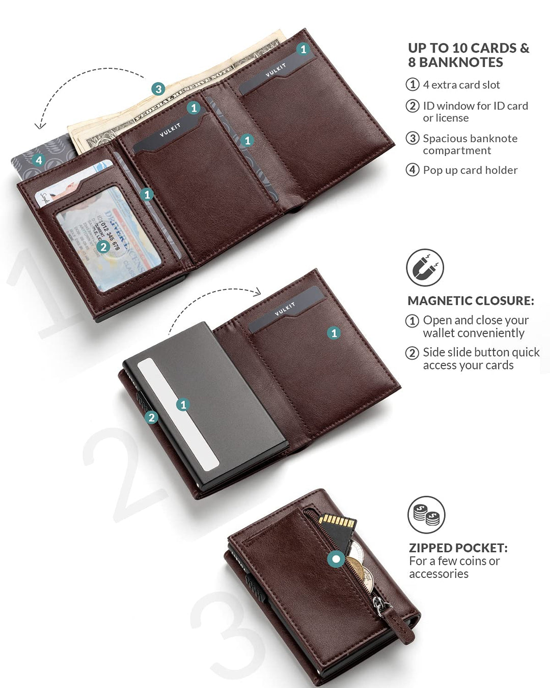 Card Holder Wallet with Coin Pocket Magnetic Closure Pop Up Cards With ID Window Leather Wallet for Cash &amp; Credit Cards, Espresso