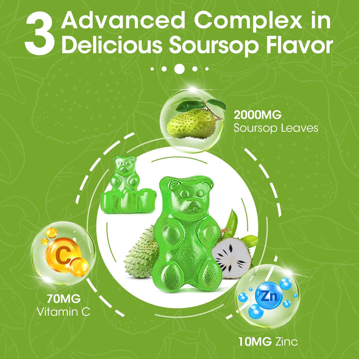 2 Pack Soursop Graviola Gummies Supplement, Original Soursop Leaves Extract with Vitamins C &amp; Zinc for Women &amp; Men, Multivitamin Soursop Fruit Supplement for Immunity &amp; Antioxidant &amp; Energy