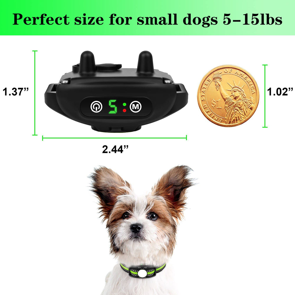 Small Dog Bark Collar 5-15lbs, No Shock, Rechargeable, Waterproof, Adjustable Sensitivity & Intensity, Black/Lime Green