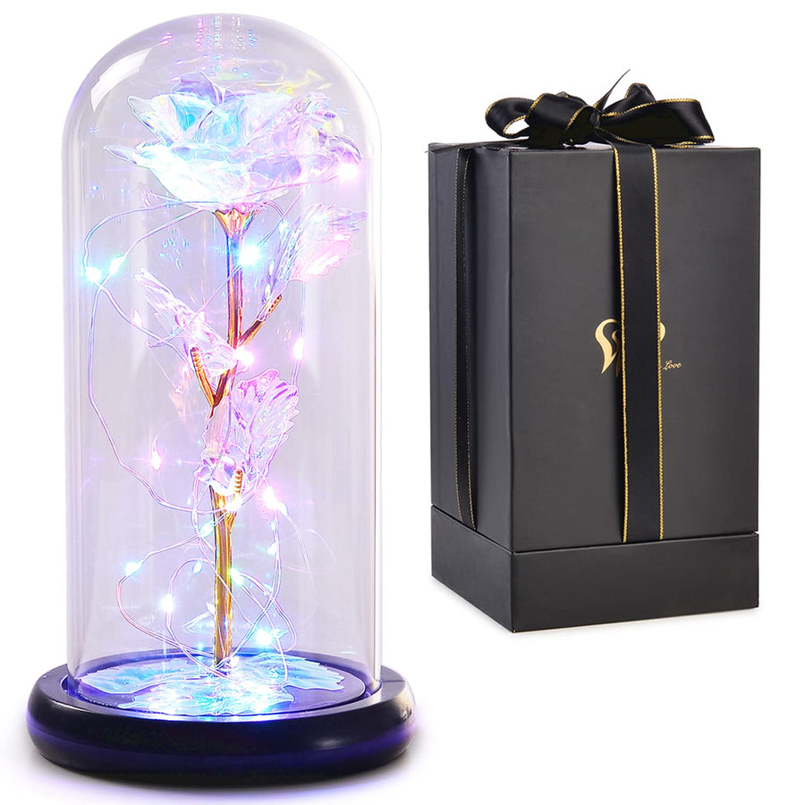 for Mom, Women Birthday Gifts for Her, Mother’s Day Rose Gifts from Daughter Son, Red Colorful Artificial Rose Flower Gift in A Glass Dome for Wife, Girlfriend, Daughter, Grandma