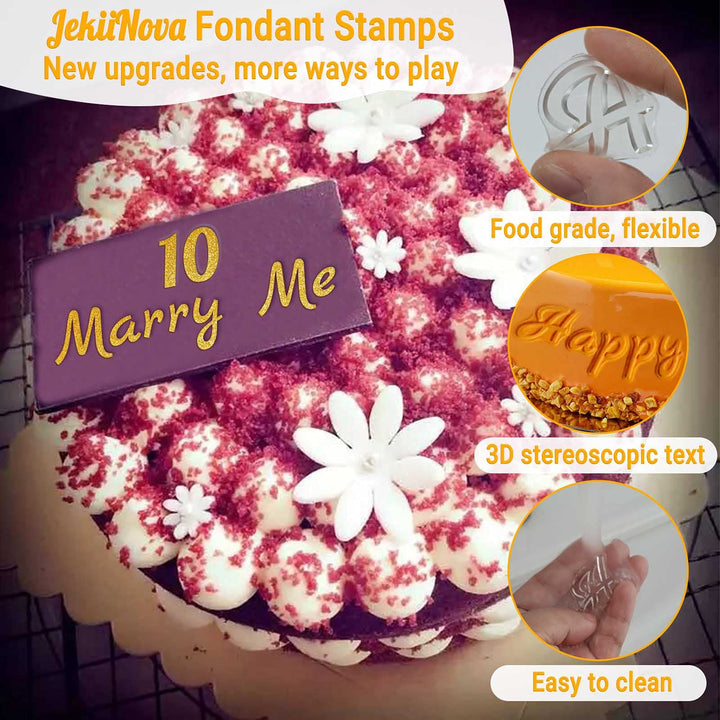 4 PCS Alphabet Letter Fondant Stamps for Biscuit Cake Cookie, Upgraded Food Grade Alphabet Cake Stamp Tool Uppercase Extra Spare Lowercase Numbers Phrases for Christmas Party Reusable Cookie Stamp
