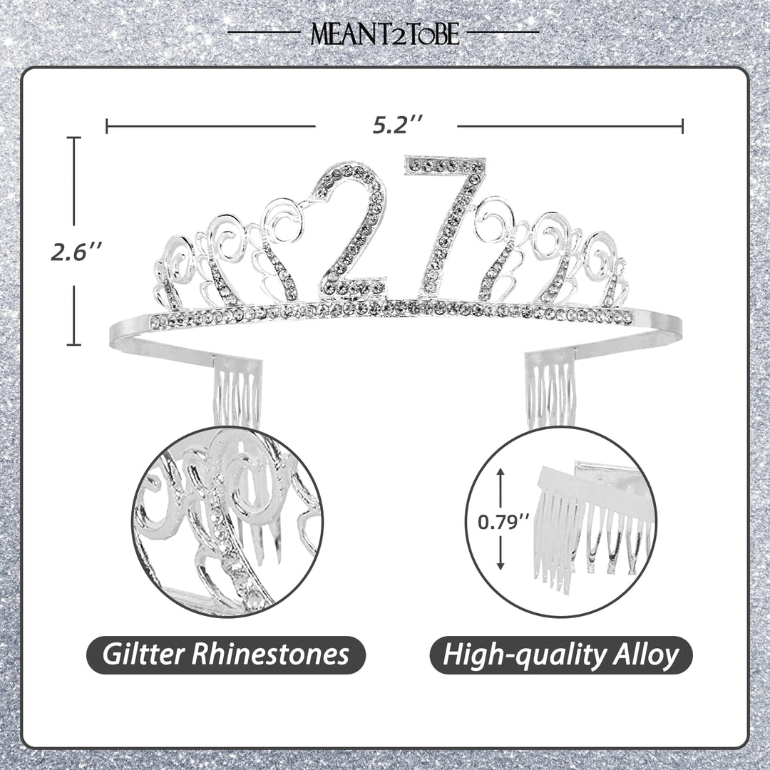 27th Birthday Tiara and Sash silver, 27th Birthday Gifts for woman, HAPPY 27th Birthday Party Supplies, 27 &amp; Fabulous Glitter Satin Sash and Crystal Tiara Birthday Crown for 27th Birthday Party Suppli