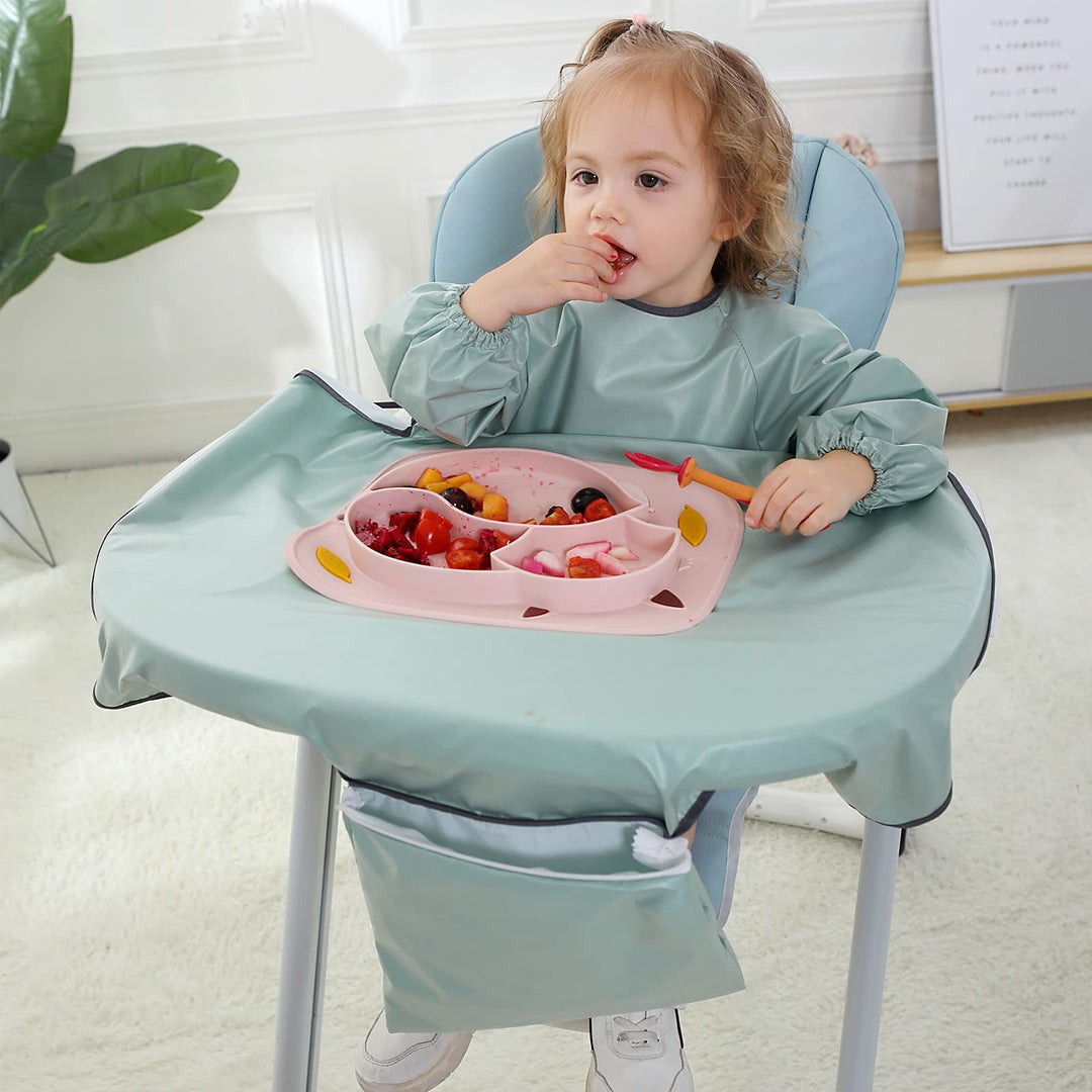 Baby Weaning Bibs anti-dirty Highchair Waterproof Long Sleeved Bib Set Stain Odor Resistance Play Smock Apron 6-36 Months (Sleeved Green)