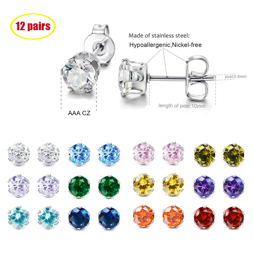 12 Pairs Stainless Steel Round Cubic Zirconia Birthstone Stud Earrings for Women 6mm