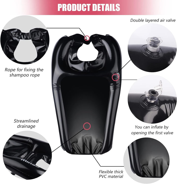 Cehim Inflatable Shampoo Basin - Portable Shampoo Bowl, Hair Washing Basin for Bedridden, Disabled,Injured, Hair Wash Tub for Dreadlocks and at Home Sink Washing (Black, Medium)