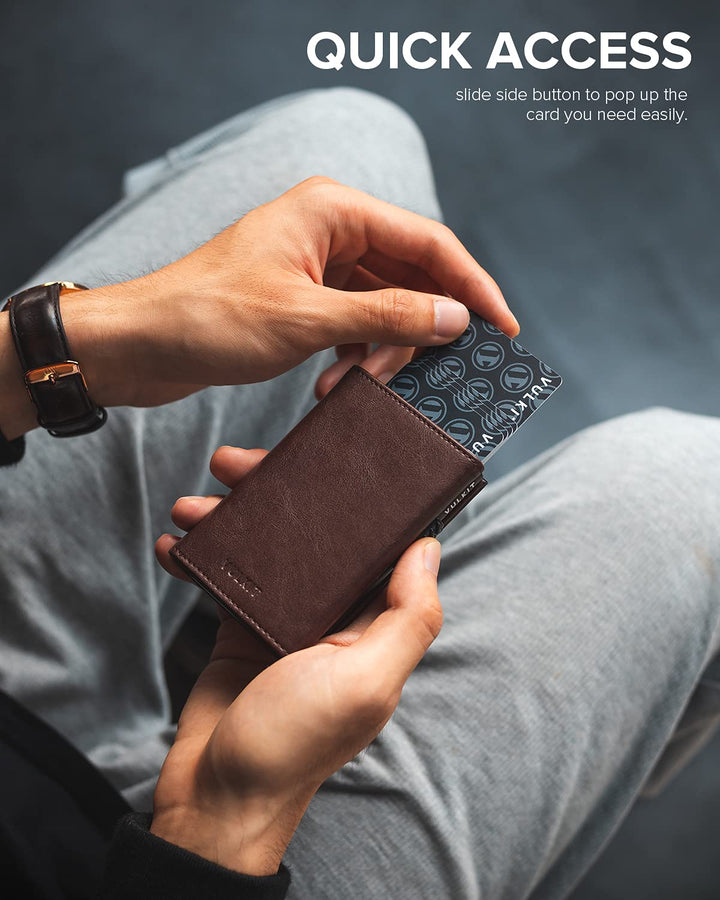 Card Holder Wallet with Coin Pocket Magnetic Closure Pop Up Cards With ID Window Leather Wallet for Cash &amp; Credit Cards, Espresso