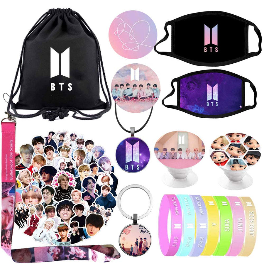 Hills Fans Bangtan Boys Bag Gift Sets Including Drawstring Bag Backpack Stickers,Lanyard,Face-Masks,Keychain,Necklace,Bracelets,Phone Ring Holder, Button Pins