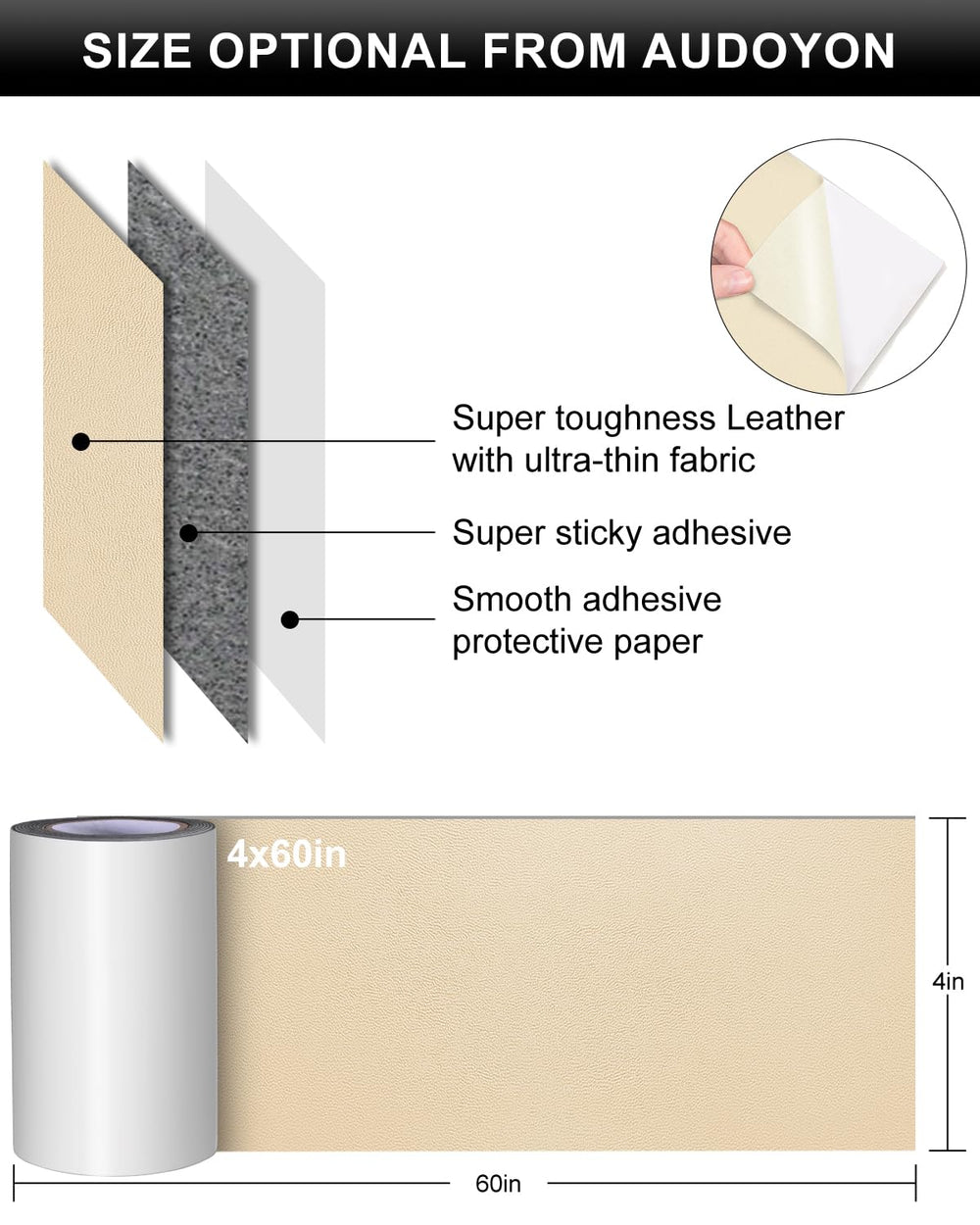Leather Repair Tape, Self-Adhesive Genuine Leather Patch Set for Sofas, Couches, Furniture, Drivers Seat, Jackets - 4×60Inch