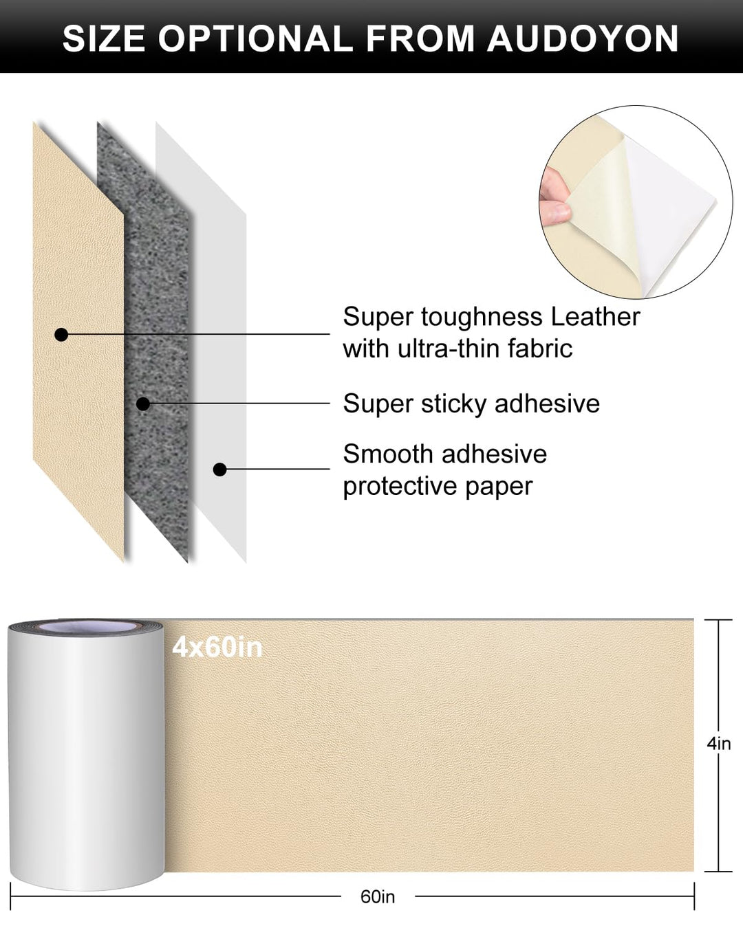 Leather Repair Tape, Self-Adhesive Genuine Leather Patch Set for Sofas, Couches, Furniture, Drivers Seat, Jackets - 4×60Inch