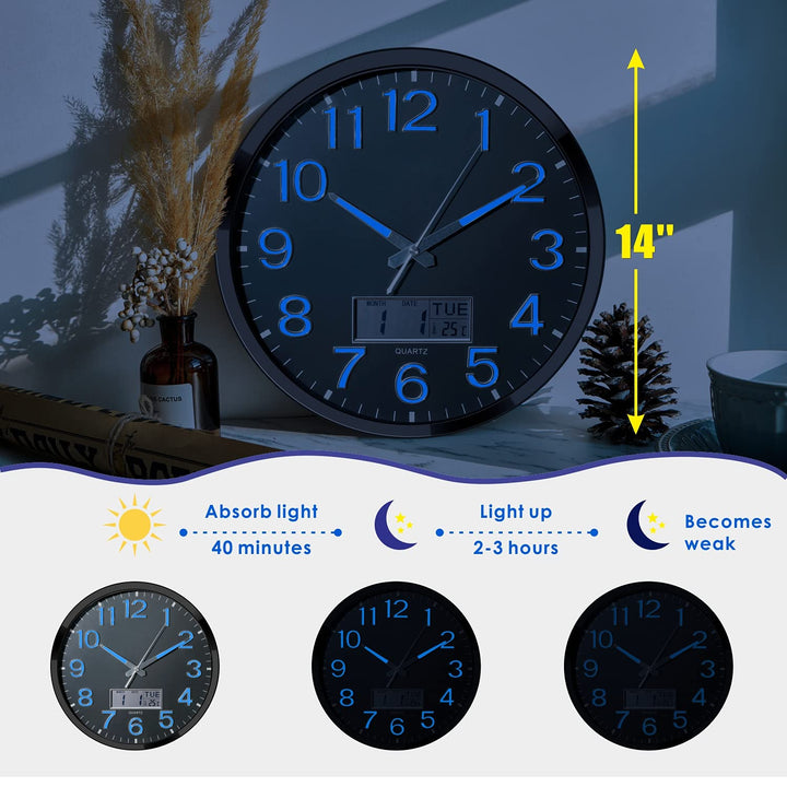 Plumeet Night Light 14’’ Large Bedroom Wall Clocks with