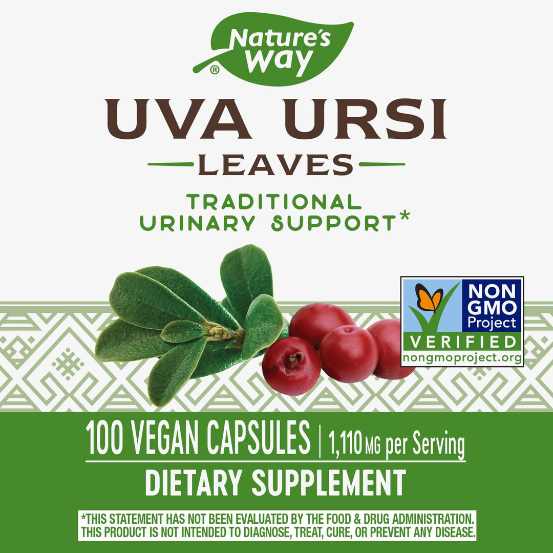 Nature&#39;s Way Uva Ursi – 1,110 mg per 3-capsule Serving - Traditional Urinary Support* - Non-GMO Project Verified - Herbal Dietary Supplement - Gluten Free - 100 Vegan Capsules