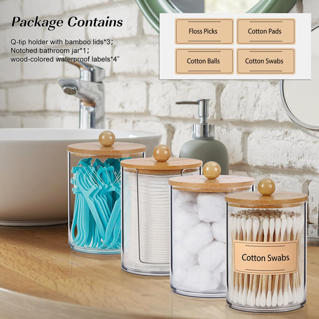 4 Pack Qtip Holder Bathroom Organizer Set, Acrylic Dispenser for Cotton Ball, Cotton Swab, Cotton Round Pads, Dental Floss Sticks