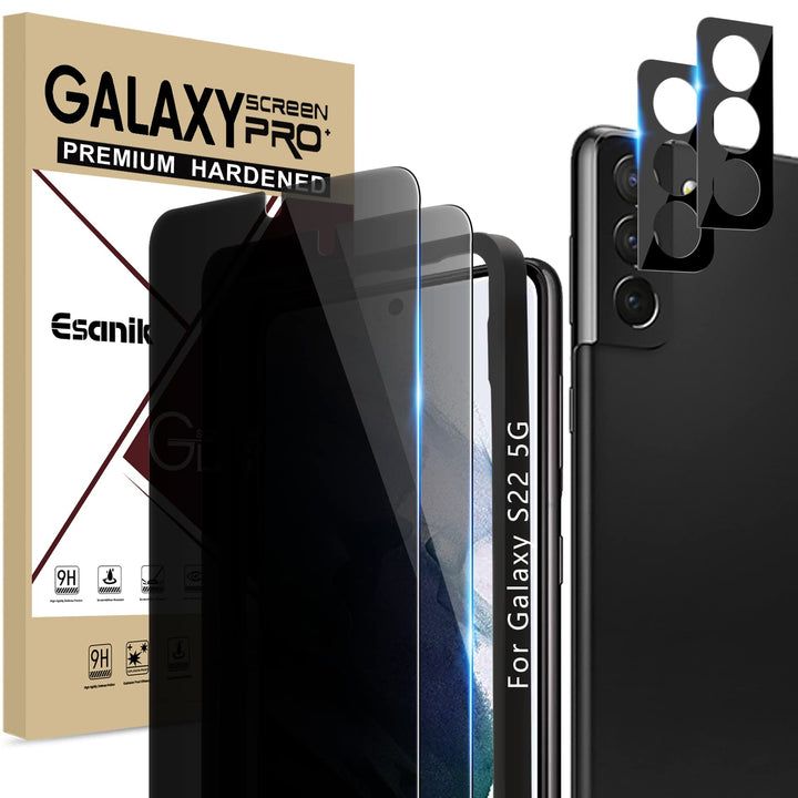 Privacy Screen Protector for Samsung Galaxy S22 6.1 Inch [2 + 2 Pack], 2 x PET Anti Spy Screen Cover [Not Glass] + 2 x Camera Lens Tempered Glass