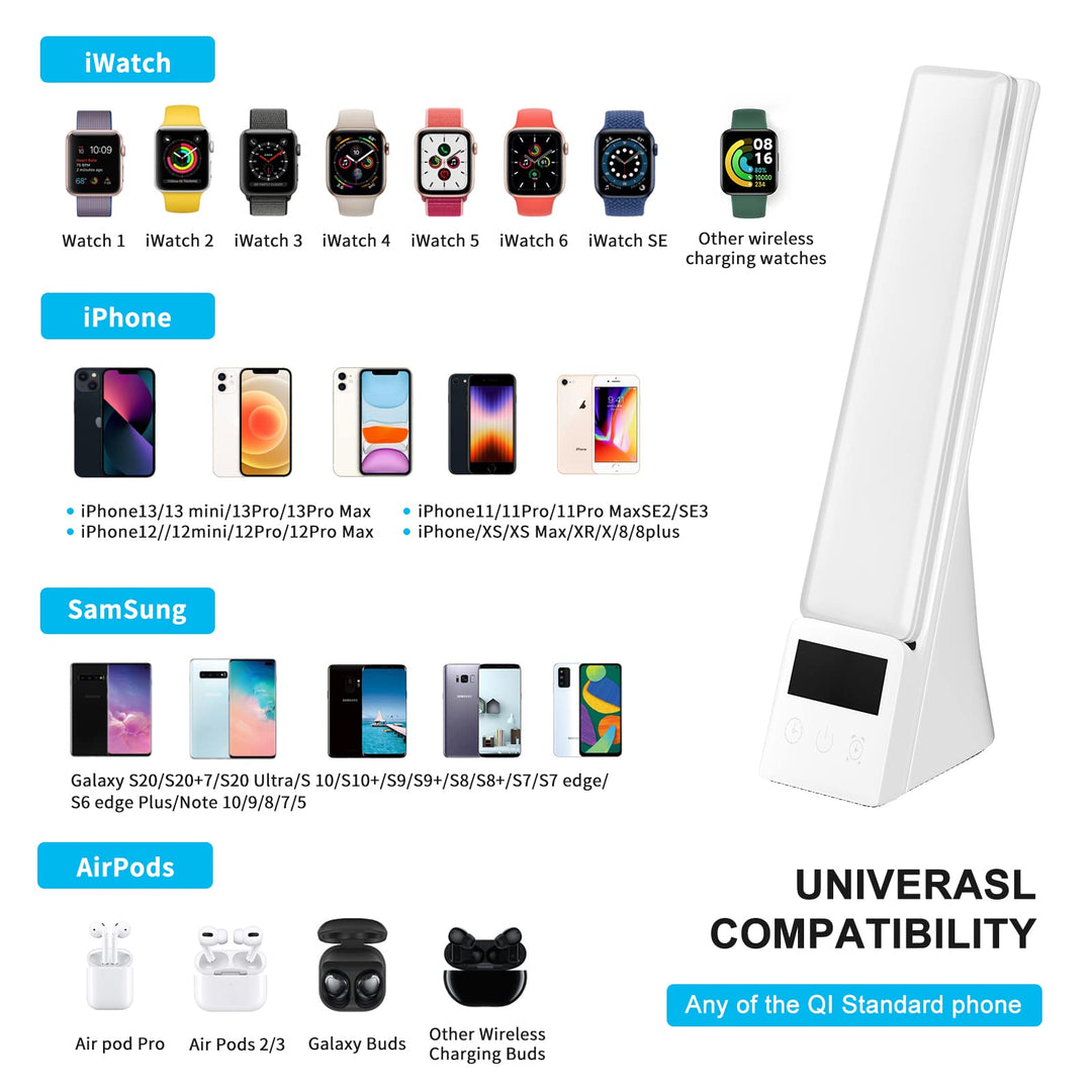 LED Desk Lamp with Wireless Charger 3 in 1 Fast Charging Station, Touch Control Desk Lamp with Clock, Alarm, 3 Lighting Modes &amp; Stepless Brightness Home Office Eye-Caring Table Lamps White